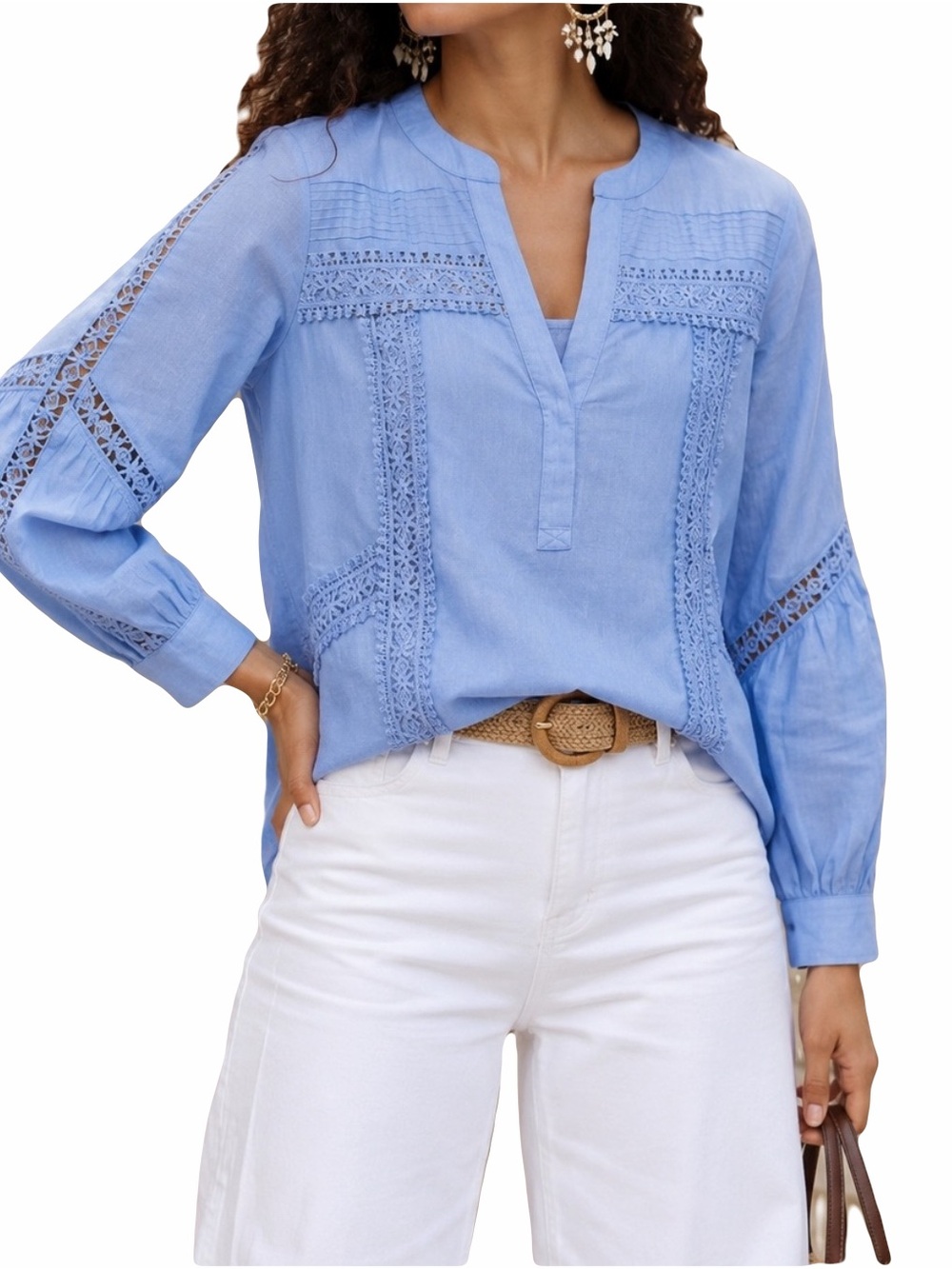 Soft Surroundings 1X Periwinkle Blue Long Sleeve Lace Boho Blouse Plus Size B10